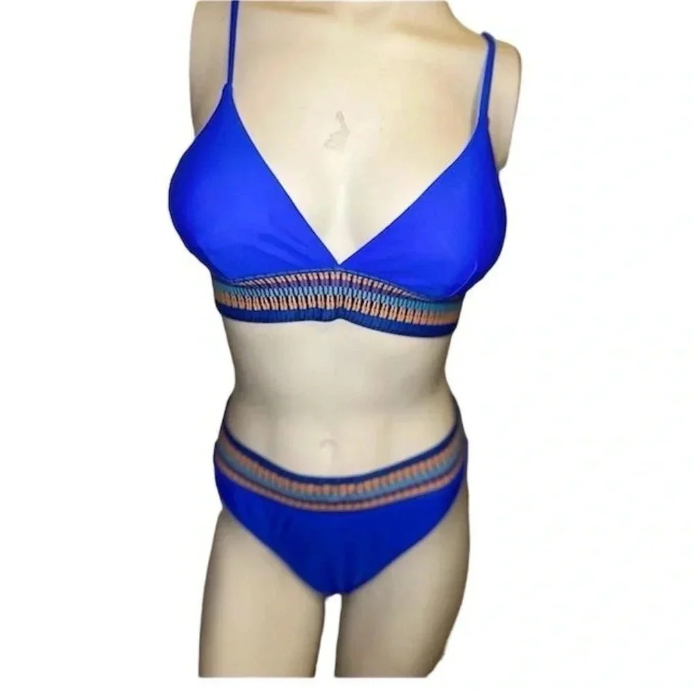 Women's Blue Triangle Bikini Set w/ Contrasts Trim Size M High-Waisted